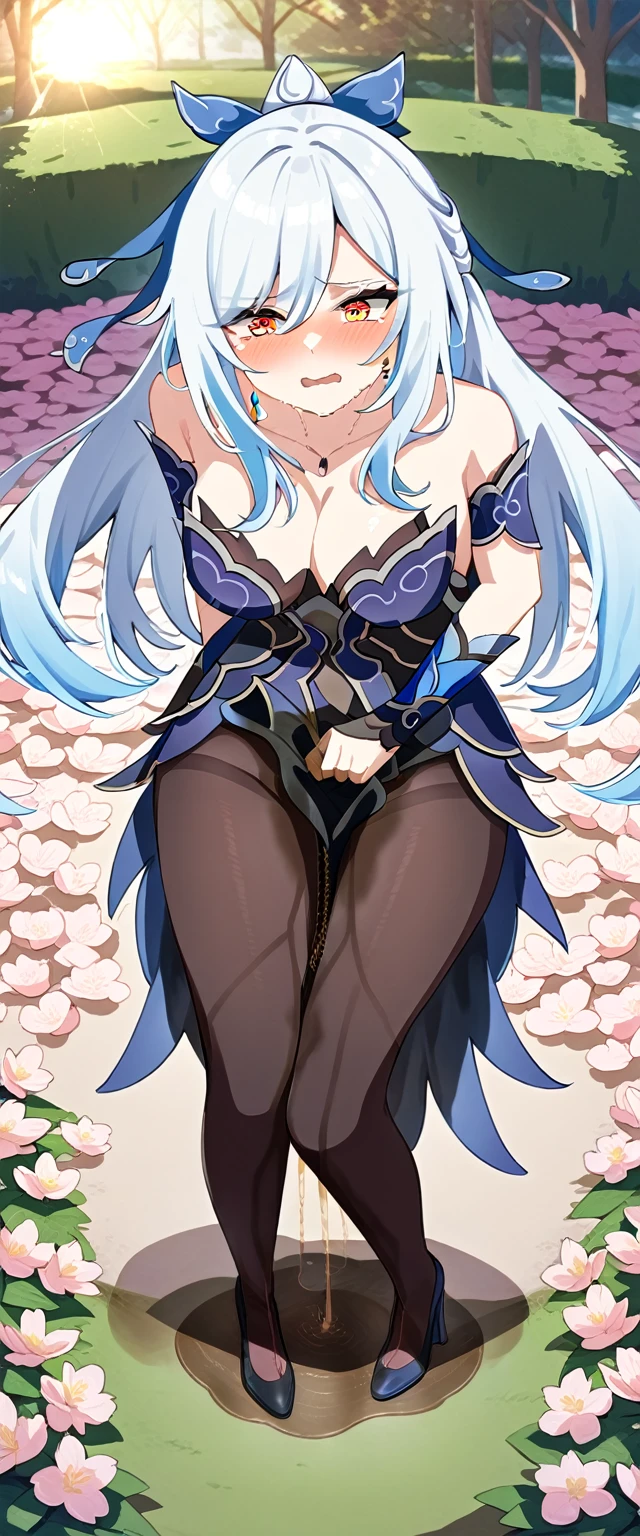 (masterpiece:1.37), best quality, (extremely detailed:1.37), (1girl:1.5), woman, (mature:1.5), (adult:1.5), jingliu, white hair, long hair, ponytail, hair ribbon, red eyes, earrings, jewelry, dress, pantyhose, (pelvic curtain:1.5), (extremely detailed eyes:1.37), (wetting self:2.0), desperation, (standing:1.5), embarrassed, humiliation, blushing, angry, cherry blossoms, garden, (golden hour:1.5), full body, (crossing legs:1.5), from above