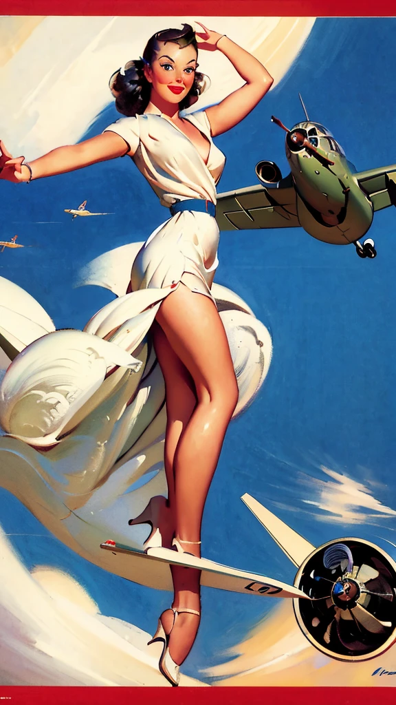 An exquisite masterpiece by artist Arwen, capturing captivating photography from the 1940s/1950s. A seductive pin-up adorns thefuselage of a World War II fighter plane, her ethereal beauty contrasting with the grim realities of war. She strikes a seductive pose, her graceful form accentuated by her form-fitting outfit. This illustration is part of an Air Force war photo shoot, highlighting the role of the charming elf aircraft painter in the bomber. Set against the iconic backdrop of Pearl Harbor, Hawaii, the image combines elements of photography, posters and 3D rendering, creating a stunning, cinematic effect., poster, photography, 3D rendering, cinematic.