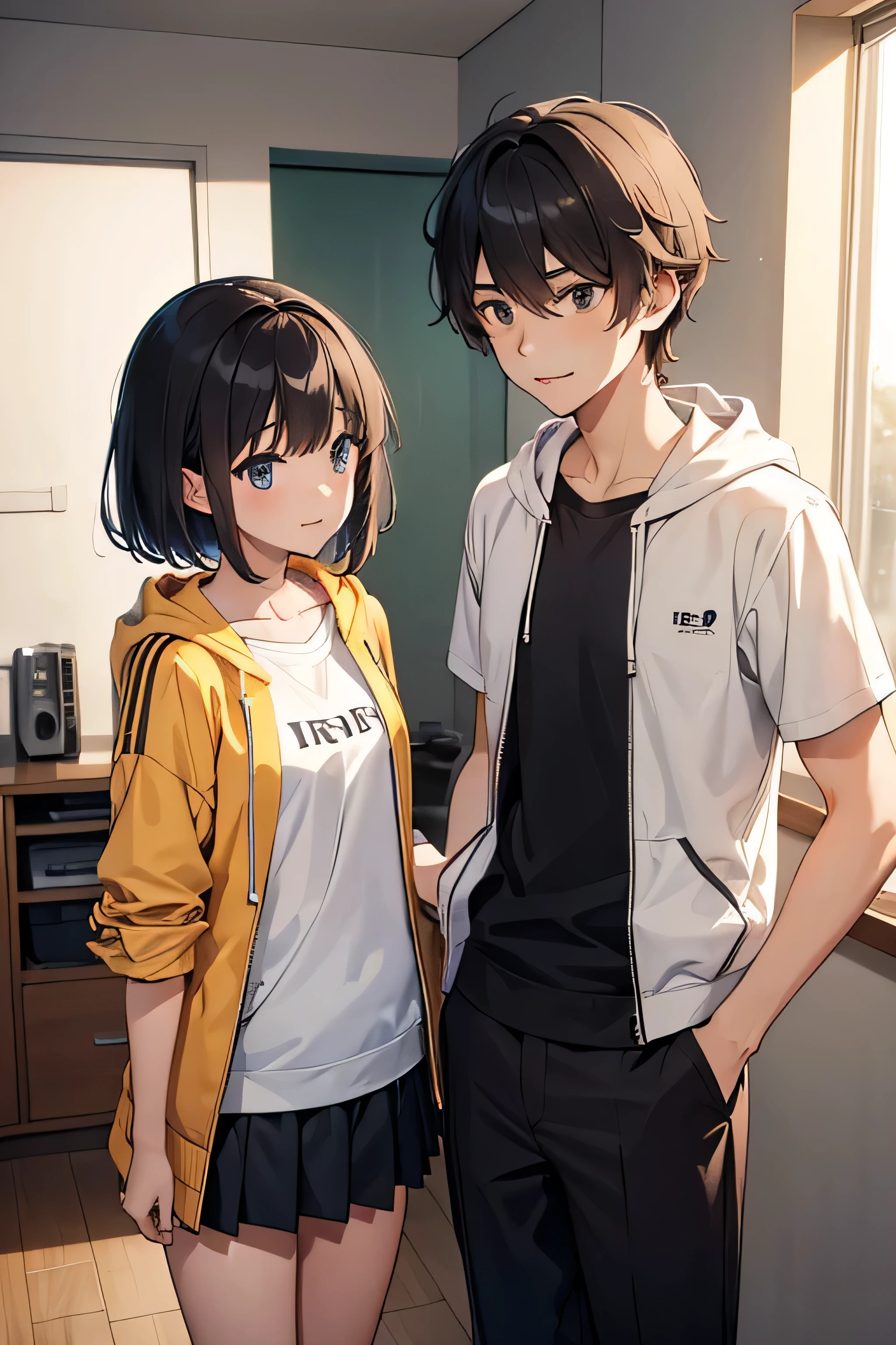 young couple, long-haired girl, cute, wearing hoodie and skirt, and short-haired boy wearing t-shirt, jacket and trousers, a room at home, 8k wallpaper