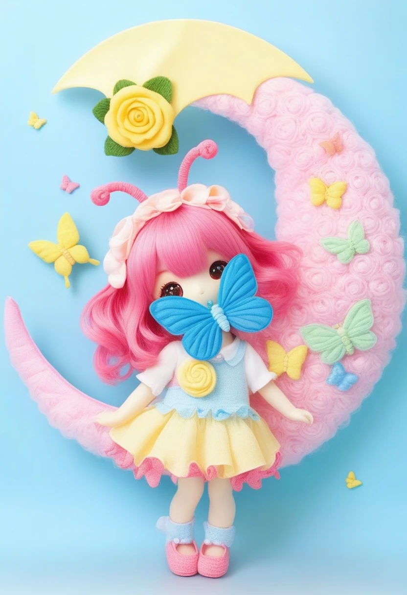 ribbon、strawberry、moon、butterfly、The cutest monster in the world, made with a rose。The colors are pink, light blue, and yellow.