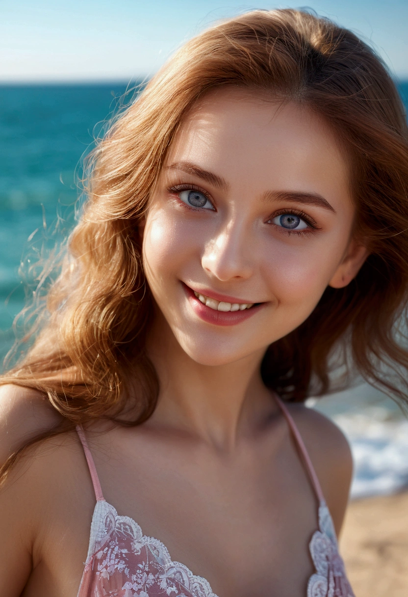 Smiling, (Best quality details:1.2),8K high definition,Ultra detailed,High quality texture,Intricate details,Detailed texture,finely detailed,High detail,Extremely detailed CG,Highqualityshadow,Detailed beautiful delicate face,(Detailed beautiful delicate eyes:1.32),Depth of field,Ray tracing,(A beautiful 25 year old lovely classical Russian lady:1),Glow eyes,Blush, Perfect body,brown hair,Dance,Free dance,Spin dance,Red bikini, Sunlight,Sea sky background,The sea breeze blows,The world is vast