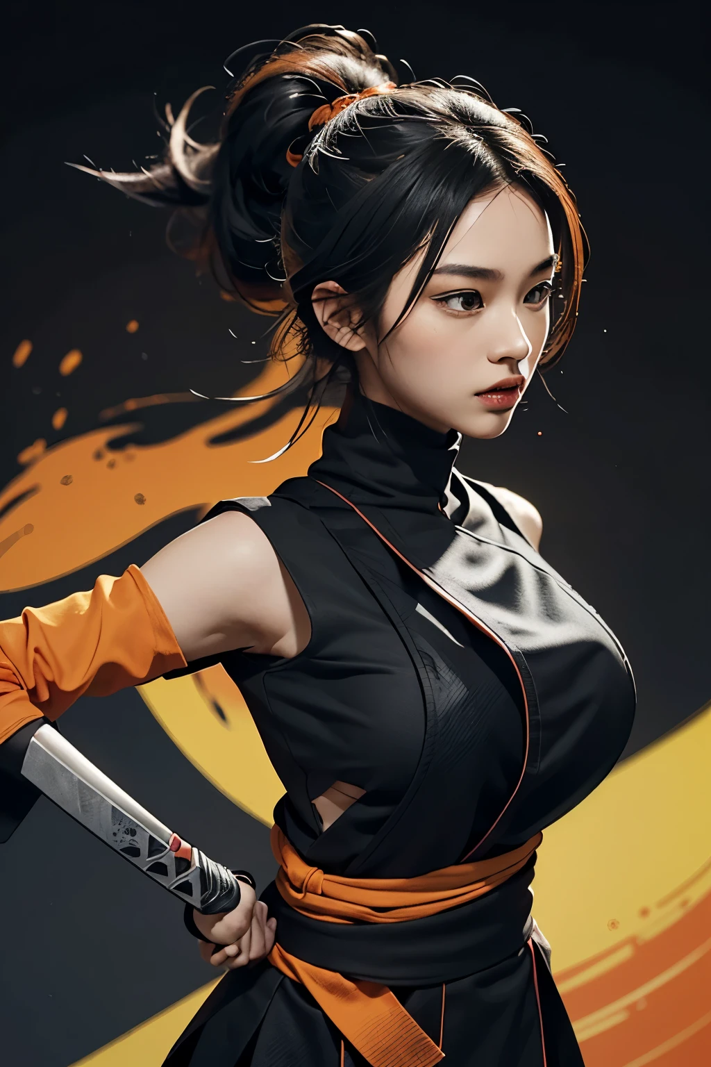 A talented graphic designer has meticulously crafted an awe-inspiring logo for Girl Ninja, an esteemed martial arts institution. The color palette is a striking combination of orange, black, and vivid yellow. The emblem depicts a stylized silhouette of a dedicated ninja disciple, poised with a sharp samurai sword, ready for combat. This exquisite flat vector artwork is adorned with intricate details, including rough textures and dynamic elements, such as rippling fabric and sharpening steel. The outcome is a captivating and professional masterpiece that echoes the academy's ethos of resilience and creative daring, making an ind