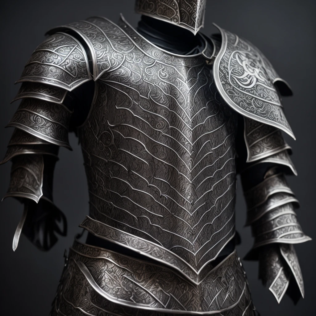 Dark silver steel platted armored knight, long sword, dark wooden buckle