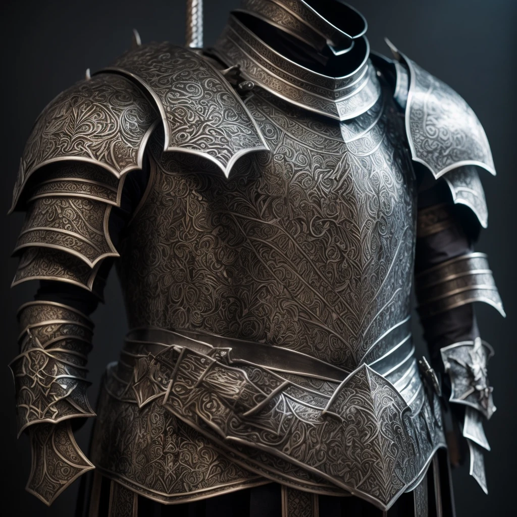 Dark silver steel platted armored knight, long sword, dark wooden buckle