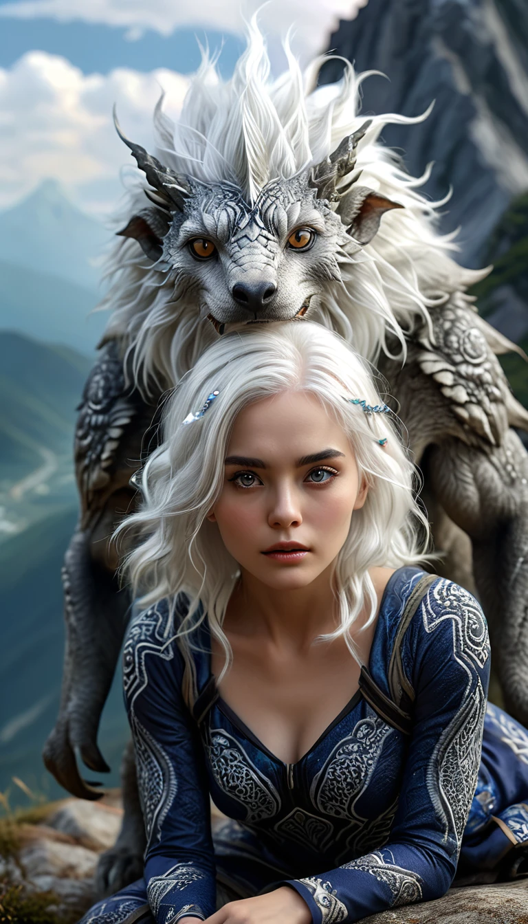 There is a creature on the mountain，human face，White hair，three legs（best quality，4K，8k，High level，masterpiece：1.2），Ultra Detailed，（lifelike，Photo real，Photo real：1.37），Highly detailed animals，Complex patterns，Realistic lighting，Fantasy Creatures