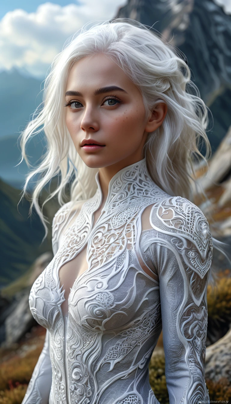 There is a creature on the mountain，human face，White hair，three legs（best quality，4K，8k，High level，masterpiece：1.2），Ultra Detailed，（lifelike，Photo real，Photo real：1.37），Highly detailed animals，Complex patterns，Realistic lighting，Fantasy Creatures