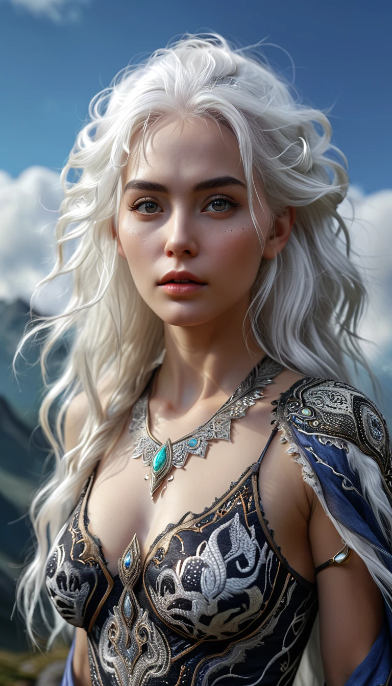 There is a creature on the mountain，human face，White hair，three legs（best quality，4K，8k，High level，masterpiece：1.2），Ultra Detailed，（lifelike，Photo real，Photo real：1.37），Highly detailed animals，Complex patterns，Realistic lighting，Fantasy Creatures