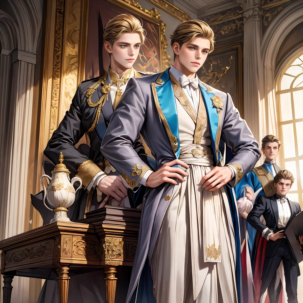 masterpiece, 最good quality, good quality, Young King Ludwig, Schloss Neuschwanenstein,
majestic pose, elegant clothing, Palasthintergrund