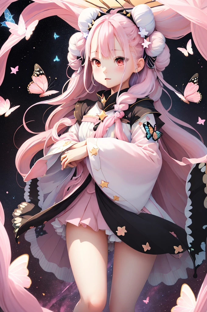 ((masterpiece))、(((Highest quality)))、((Super detailed))、((An illustration))、Attention to detail、Highly detailed CG Unity 8k、High resolution、美しいAttention to detail目、Attention to detail、美しいAttention to detail目,cute00d, star (symbol), One Girl、Lots of butterflies around、 (((Black background))), (((star))),(Sky Porn), floating, (((Flock of butterflies))), space, thread, (Hair Ribbon:0.4), Pink Eyes,(((White bun hair))),(((Long pink hair))),Kunimi Tama