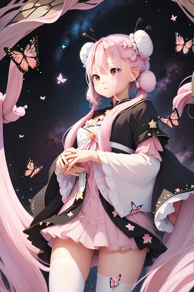 ((masterpiece))、(((Highest quality)))、((Super detailed))、((An illustration))、Attention to detail、Highly detailed CG Unity 8k、High resolution、美しいAttention to detail目、Attention to detail、美しいAttention to detail目,cute00d, star (symbol), One Girl、Lots of butterflies around、 (((Black background))), (((star))),(Sky Porn), floating, (((Flock of butterflies))), space, thread, (Hair Ribbon:0.4), Pink Eyes,(((White bun hair))),(((Long pink hair))),Kunimi Tama