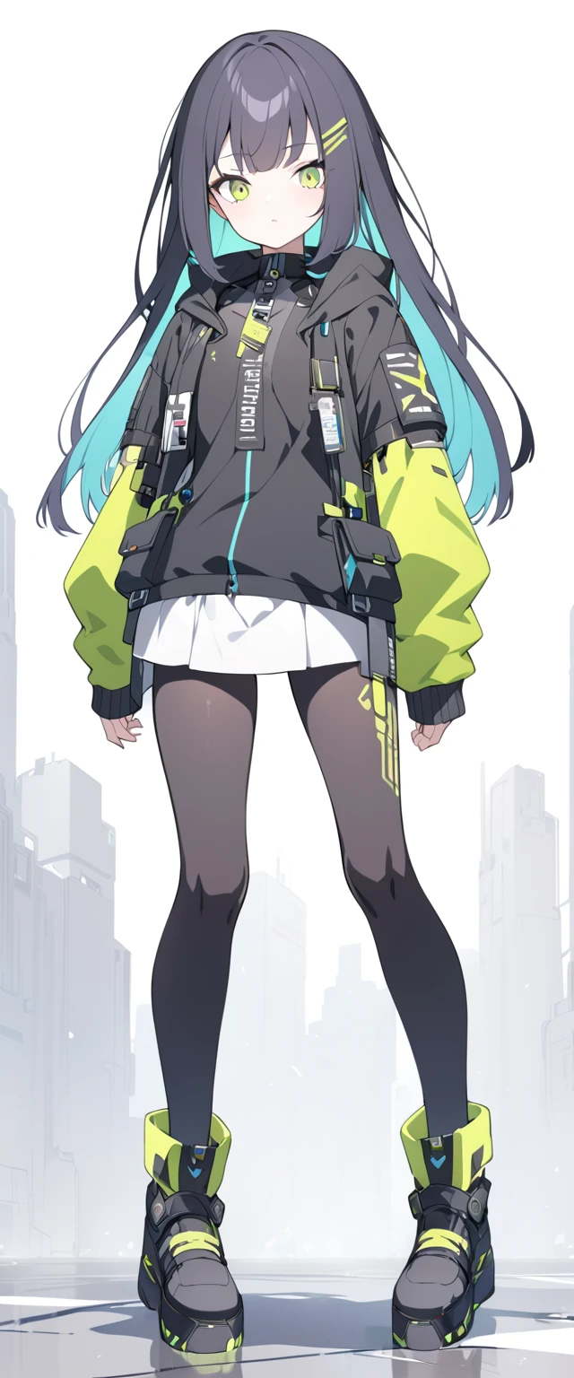 a cyberpunk type girl looking straight ahead with her arms spread full body