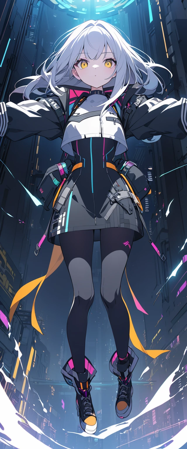 a cyberpunk type girl looking straight ahead with her arms spread full body