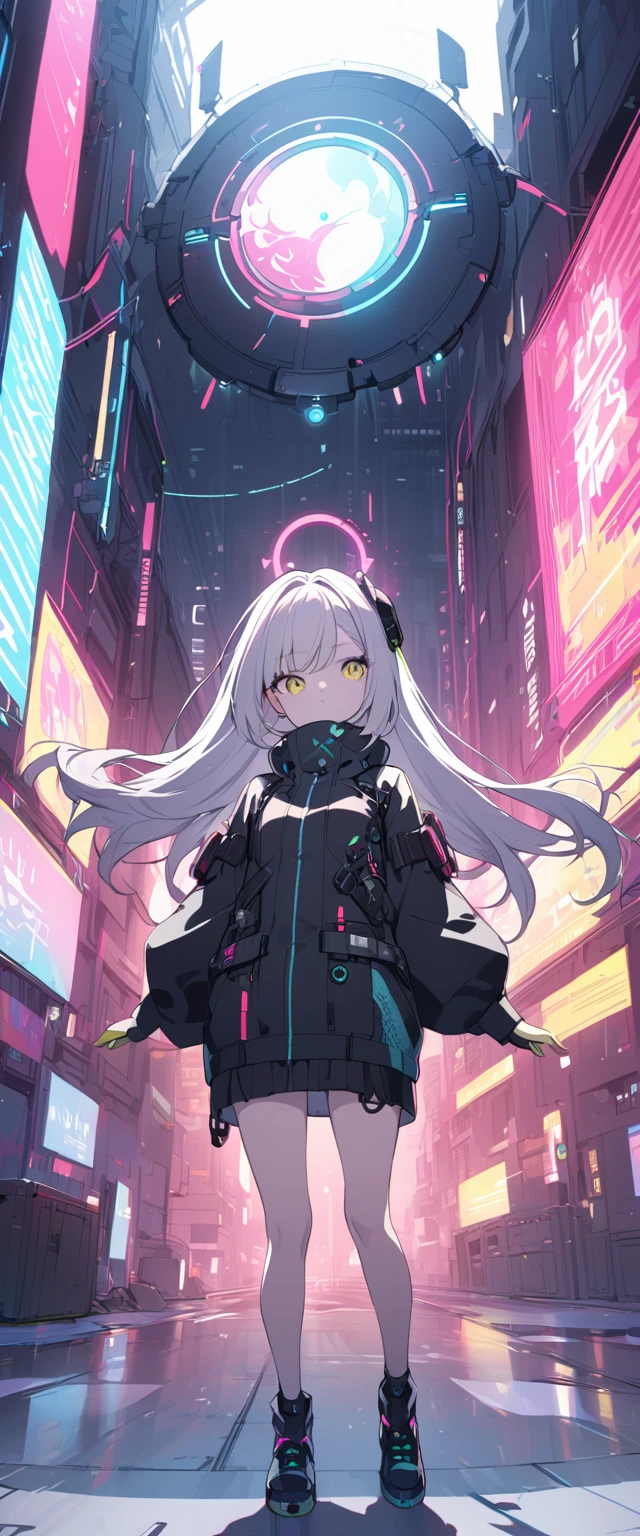 a cyberpunk type girl looking straight ahead with her arms spread full body