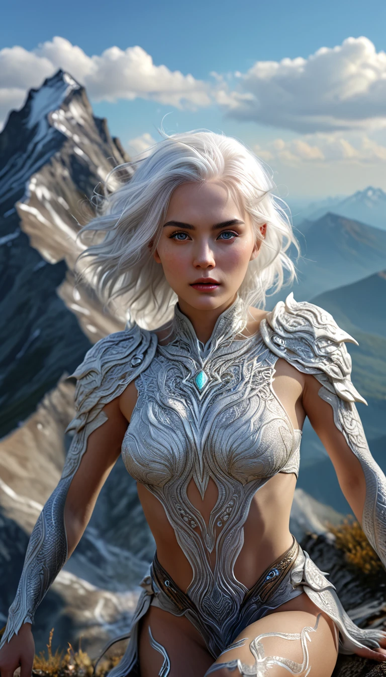 There is a creature on the mountain，human face，White hair，three legs（best quality，4K，8k，High level，masterpiece：1.2），Ultra Detailed，（lifelike，Photo real，Photo real：1.37），Highly detailed animals，Complex patterns，Realistic lighting，Fantasy Creatures