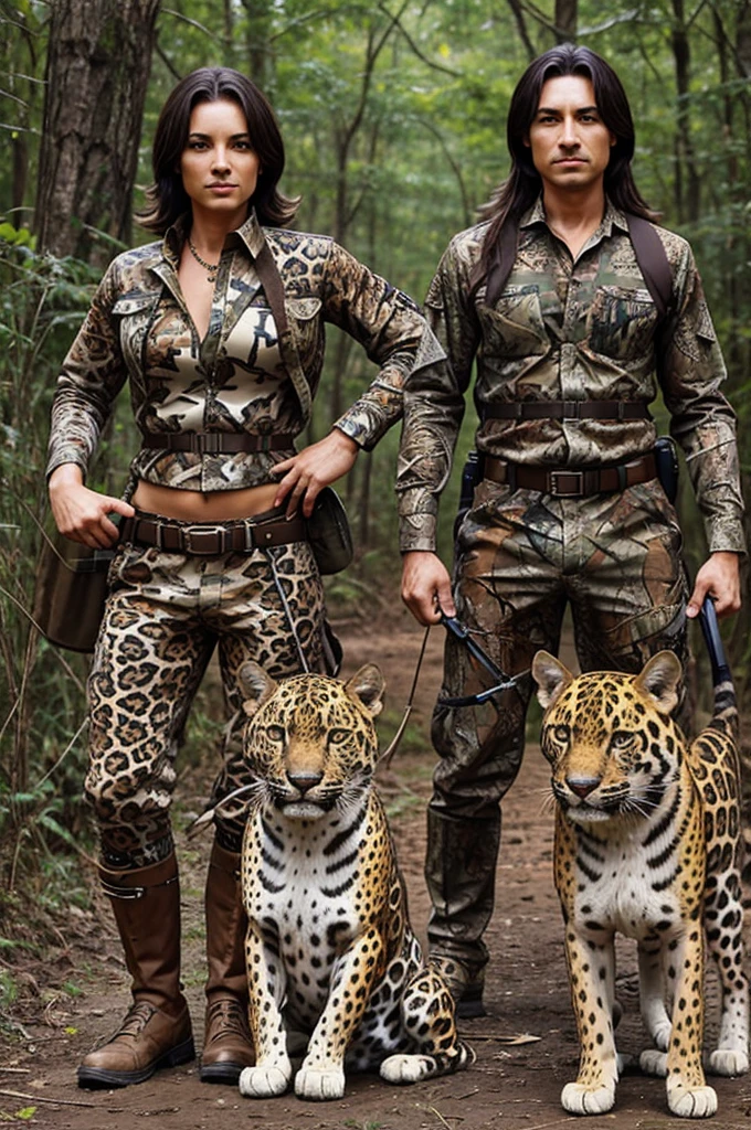 Two hunter with hunting dogs shooting a dangerous jaguar