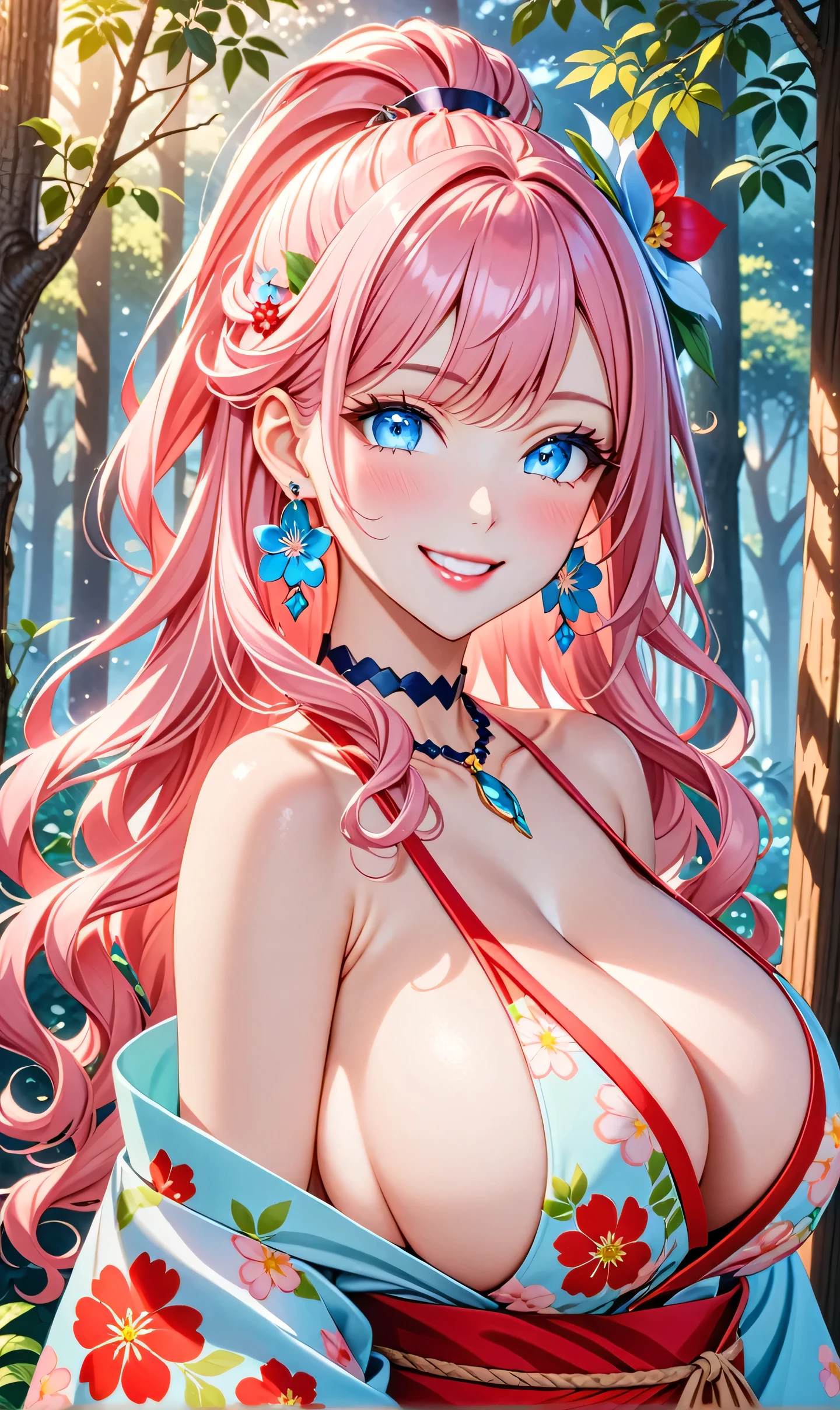 ultra-detailed, ((one girl)), (portrait), (pale skin:1.4), in pastel colors gyaru, (heavy makeup), (professional lighting) hyper detailed, absurdres, 8k, Beautiful Face, (Laugh shyly), ((teasing smile:1.8)), ((happy smile)), ((Wink:1.6)), (Laugh with your mouth wide open),((Tilt your face:1.6)), View your viewers, ((Bright red cheeks:1.6)),Glossy Red Lips, ((huge breasts:1.5)), ((undressing:1.3)), noon,summer, Green tree々, In the mysterious forest, ((Anime style background)),masterpiece, Highest quality, (Brighten your face), so beautiful,Latest, Complex details, (Pink long nails), (nail art), (ring),(bracelet), (Floral Choker),AI-generated, Complex,High resolution, Highest quality, super high quality,3D Images、3D Images,One person,Pastel pink long hair,(High Ponytail), (wavy hair:1.3), Pastel anime woman posing for a photo, ((Fine grain、blue eyes、glowing eyes:1.4)), (Squint your eyes:1.1),a hyperRealistic , hyperRealistic , Realistic,Anime woman with long pastel pink hair, Smooth anime CG art, A girl in a gorgeous pastel-colored kimono, ((Pastel-colored furisode)),(Pink large floral pattern), (sideboob), Long flower hair ornament,Floral Earrings, Mature Body, tall,Narrow waist, front view, ((upper body)),