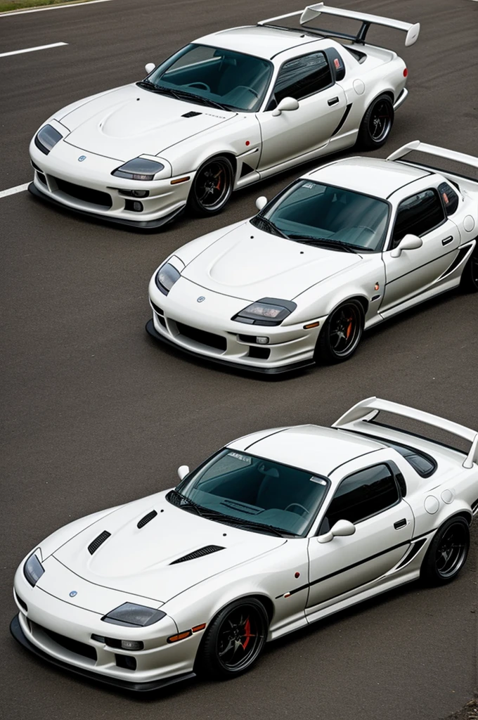 Un Mazda RX-7 con body kit Veilside, similar to the movie 'Fast and Furious': Rare Tokio'. The car has an off white color combination, olive green and orange. The rear spoiler is transparent. The design must highlight the aerodynamic and aggressive elements of the Veilside body kit, with a professional finish and sharp details