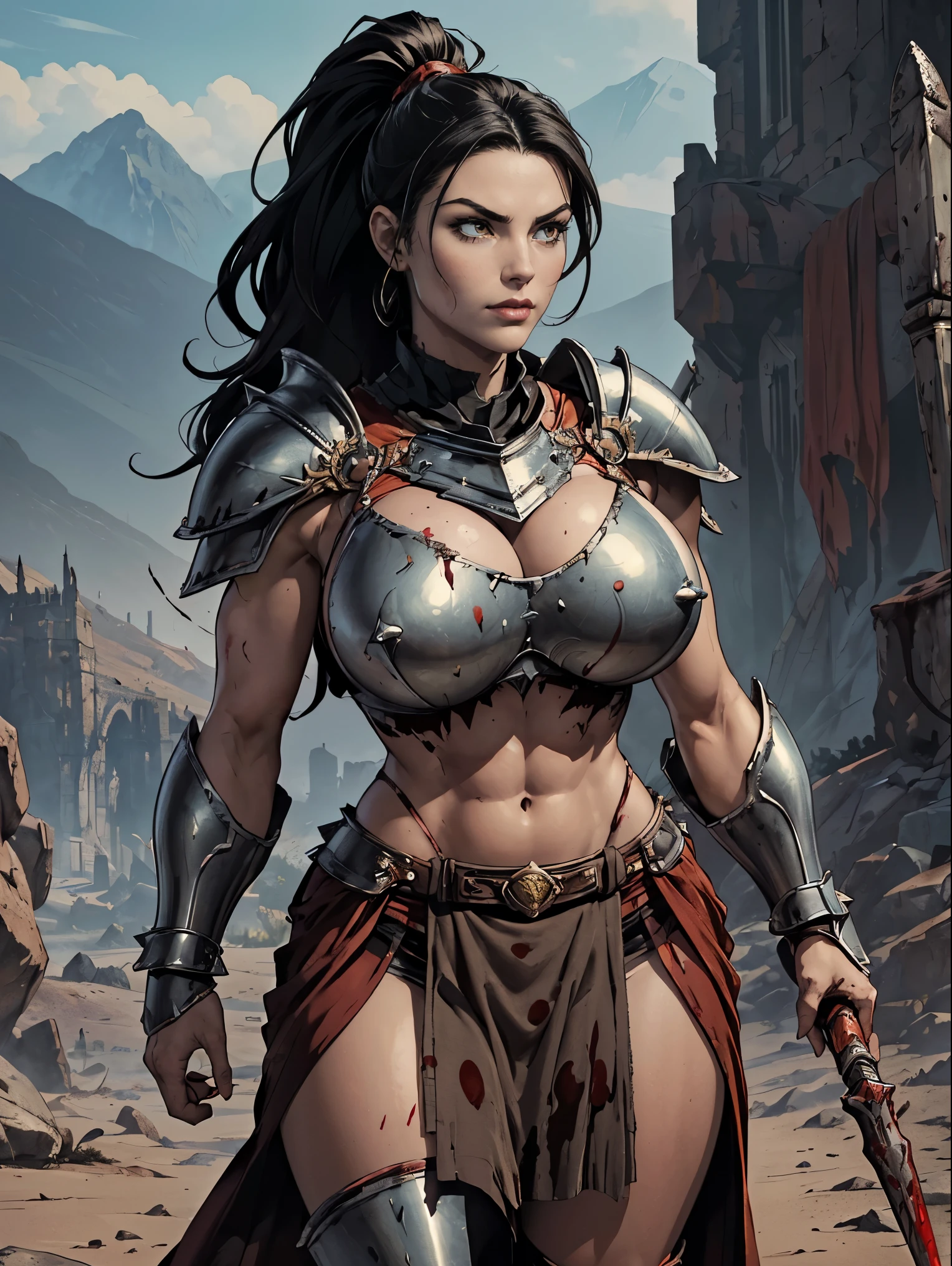 (masterpiece, top quality, best quality, official art, beautiful and aesthetic:1.2), (1girl:1.3), ((Sharp facial features, sharp features, hawkish features)), ((pale skin, orange eyes, big hair, long black hair, ponytail)), big tiddy chaos warrior girl, extremely detailed, portrait, looking at viewer, solo, (full body:0.6), detailed background, full-body shot, (hot desert mountain theme:1.1), chaos warrior, (spiky helmet), charlatan, smirk, mysterious, swaying in mountains, armor, red metal, brass trim, long boots, blood red fabric, pelvic curtain, loincloth, black leather, ((((spear, heavy armor, blood, blood splatter, armored, gigantic breasts, long legs, pelvic curtain, toned, muscular)))), cute belly button, toned tummy, slim waist, slim hips, long legs, medieval (mountain exterior:1.1) background, dark mysterious lighting, shadows, magical atmosphere, dutch angle
