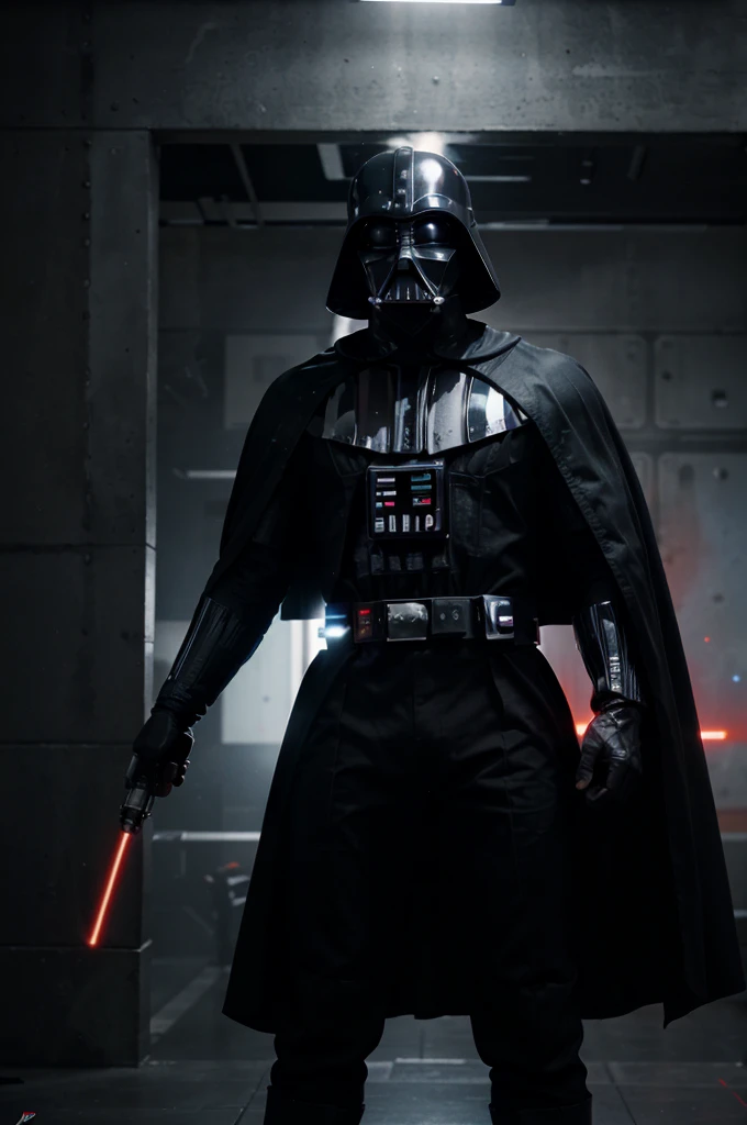 a man wearing darth vader costume without helmet, standing, charismatic, holding a red lightsaber, wearing black cape, space background, high quality, realistic, cinematic lighting, hyper detailed, volumetric lighting, dramatic shadows, dynamic pose, intricate details, 8k, photorealistic, cinematic composition, dramatic angles, moody color palette, dramatic lighting, epic sci-fi scene