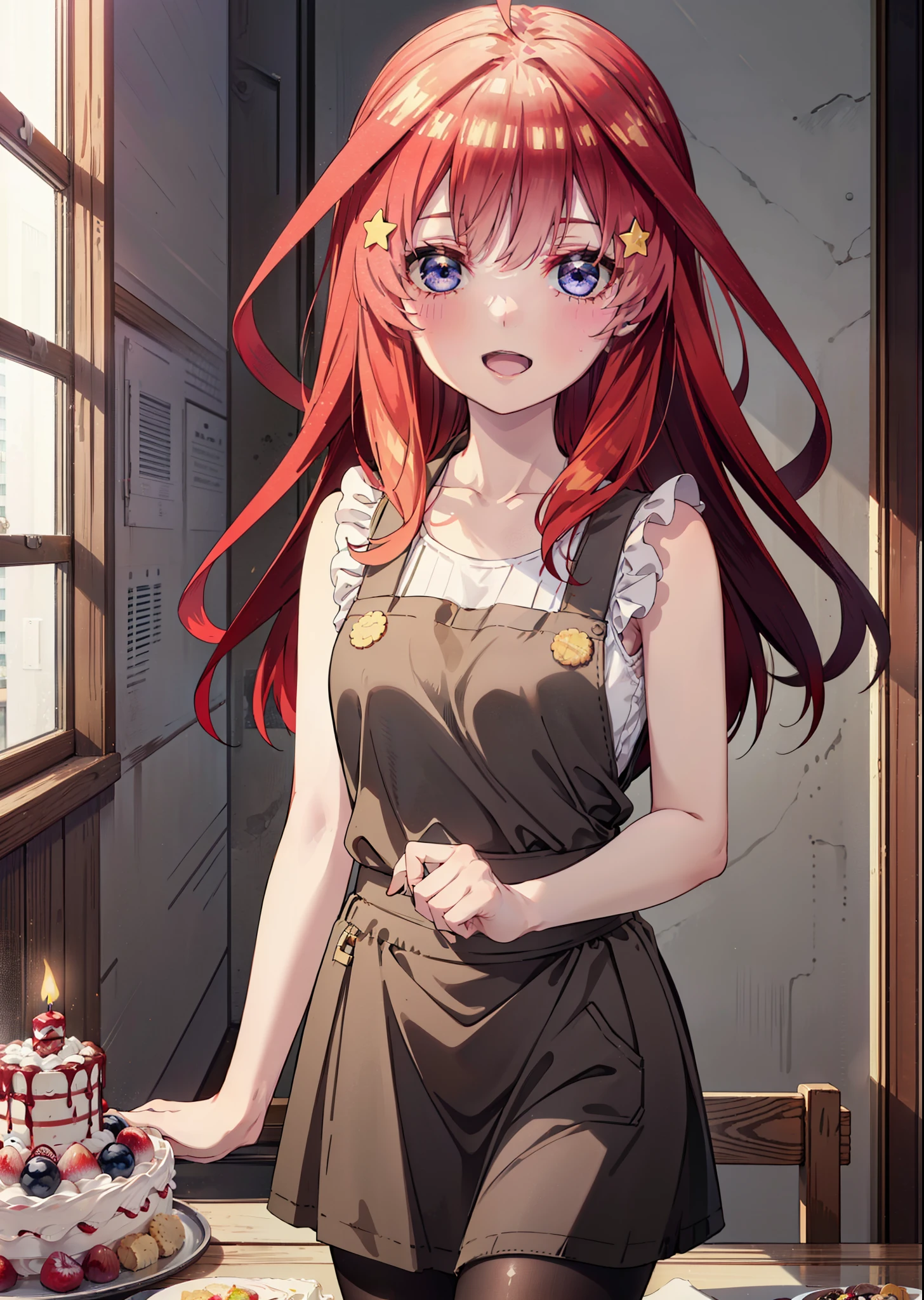 itsukinakano, Itsuki Nakano, bangs, blue eyes, Hair between the eyes, Ahoge, Redhead, star \(symbol\), hair ornaments,happy smile, smile, Open your mouth,cracker, star hair ornaments,Red Tank Top,Long skirt,Black pantyhose,apron,Walking,There is food and a birthday cake on the table,whole bodyがイラストに入るように,
break indoors, room,
break looking at viewer,whole body,
break (masterpiece:1.2), Highest quality, High resolution, unity 8k wallpaper, (figure:0.8), (Beautiful attention to detail:1.6), Highly detailed face, Perfect lighting, Highly detailed CG, (Perfect hands, Perfect Anatomy),