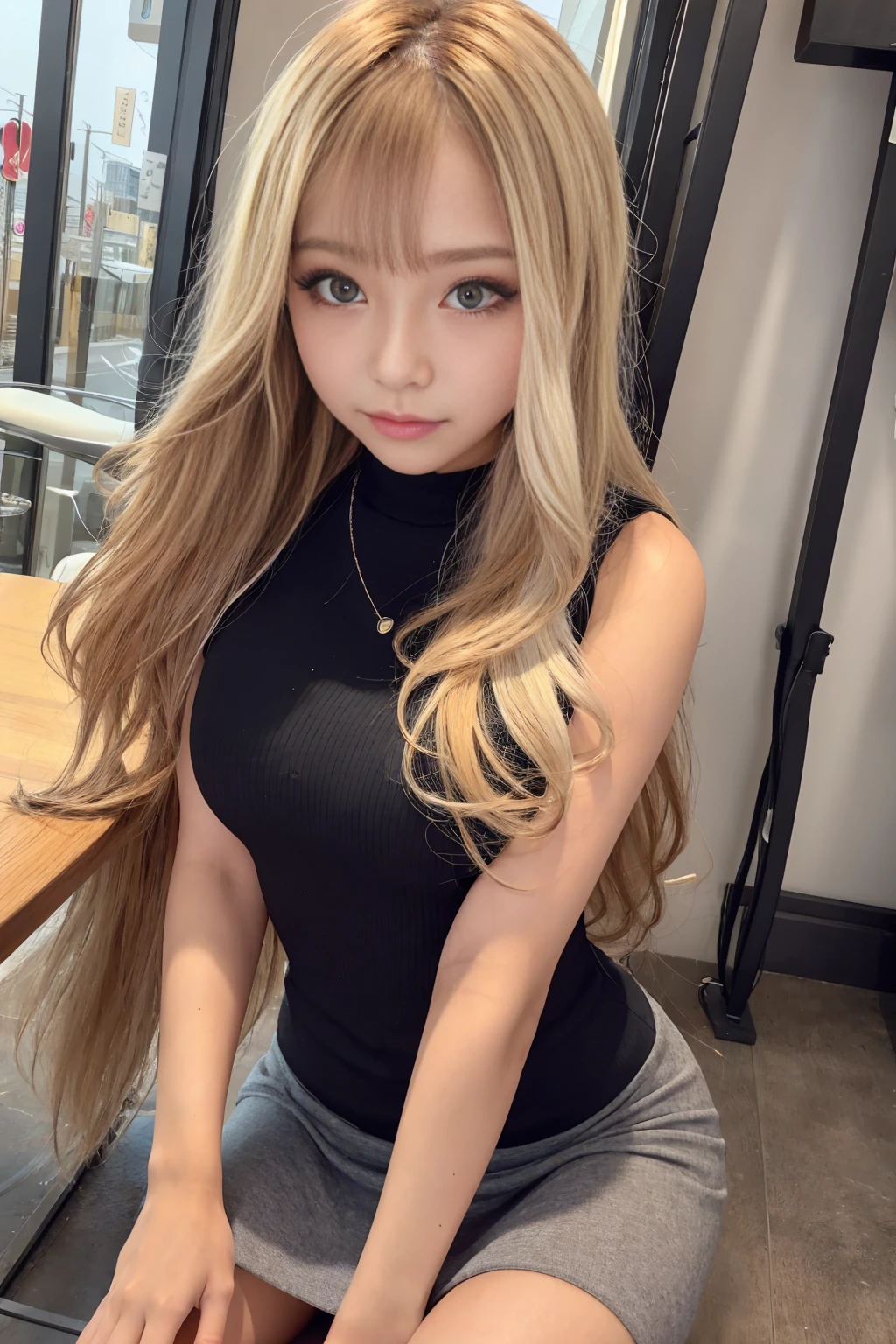 Generate a close-up image of a cute Japanese gal gazing at you with a seductive expression。She is wearing a sleeveless top and a tight mini skirt.、like々It emphasizes a stylish look.。Hair is a trendy color（For example, light brown or blonde）Dyed by、It has loose and playful waves.。The background is a vibrant urban setting featuring softly blurred colorful lights.、It highlights her features。The makeup is perfect and in line with the latest trends.、Particular emphasis is placed on the eyes and lips to bring out her charm.。Confident、She has a slightly mysterious look、It exudes charm and playfulness.。The sleeveless top and mini skirt fit her perfectly.、Showing off her curves and fashionable style、Make sure to keep the look modern and attractive。