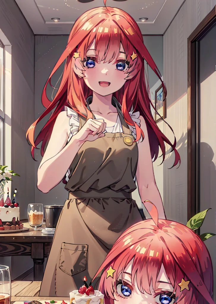 itsukinakano, Itsuki Nakano, bangs, blue eyes, Hair between the eyes, Ahoge, Redhead, star \(symbol\), hair ornaments,happy smile, smile, Open your mouth,cracker, star hair ornaments,Red Tank Top,Long skirt,Black pantyhose,apron,Walking,There is food and a birthday cake on the table,whole bodyがイラストに入るように,
break indoors, room,
break looking at viewer,whole body,
break (masterpiece:1.2), Highest quality, High resolution, unity 8k wallpaper, (figure:0.8), (Beautiful attention to detail:1.6), Highly detailed face, Perfect lighting, Highly detailed CG, (Perfect hands, Perfect Anatomy),