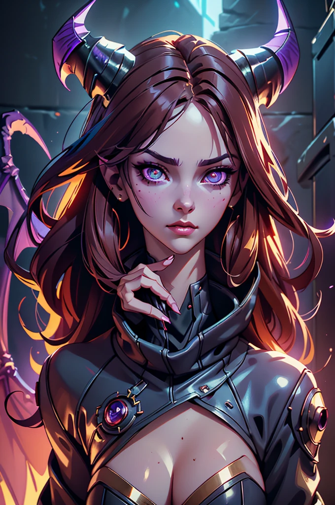 a demonic succubus woman with purple wings and tail, brown hair, golden eyes, thin purple horns, wearing a white dress with a leather jacket, fine facial features and almond-shaped eyes, (best quality,4k,8k,highres,masterpiece:1.2),ultra-detailed,(realistic,photorealistic,photo-realistic:1.37),digital painting,concept art,fantasy,dark fantasy,dramatic lighting,dramatic shadows,cinematic,moody,vibrant colors,glowing eyes
