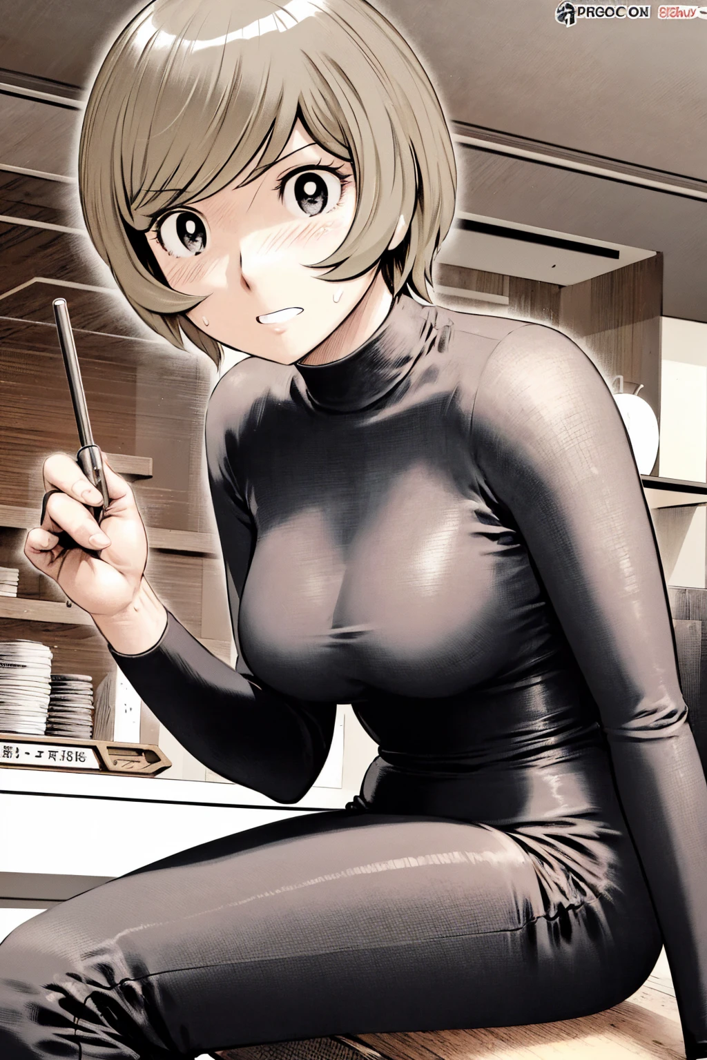 、(masterpiece、Highest quality)、Highest quality, Ultra-high resolution, (((masterpiece))), alone, Sweat、Big eyes,office、tight white dress shirt、Tight black suit、Tight black pants、indoor、Composition from the front、(後ろCut your hair short、short hair、blonde、woman)、Shortcuts、Embarrassed face、Cut your hair short、可愛いwomanの子、Big Breasts、Sit on a chair、Face to face、Composition from the front、View your audience