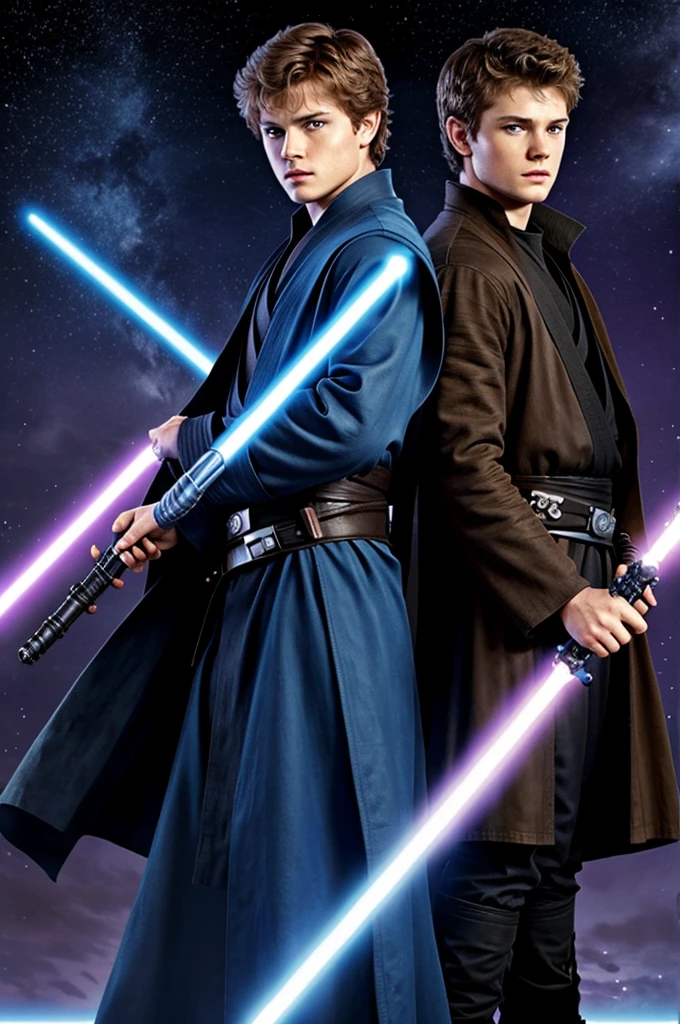 creates an image of Anakin Skywalker and Dean Winchester together both dressed as Jedi where they hold their lightsaber, Anakin blue and Dean purple, the background is the comic style ship