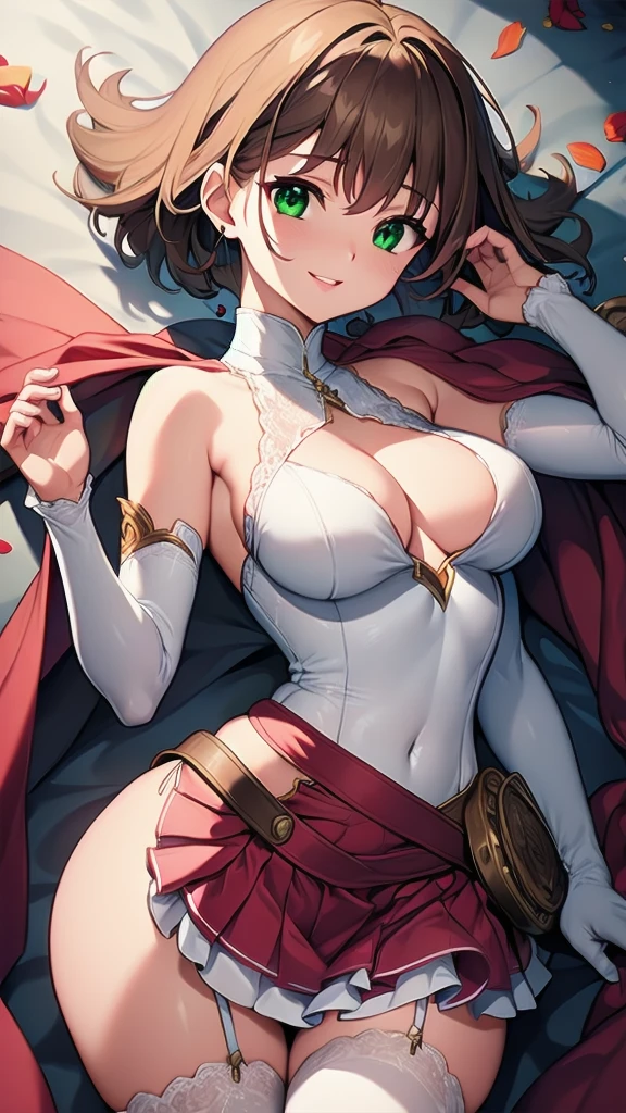 (masterpiece, best quality, ultra-detailed, best shadow), solo girl, light brown hair, green eyes, short hair, medium breasts, sexy body and face, wavy hair, smile, parted lips, red lips, circlet, skirt, bridal gauntlets, jewelry, cape, bare shoulders, sandals, sleeveless dress, red cape, long sleeves, wide sleeves, side slit, white dress, detached sleeves, turtleneck, ribbon, pink dress, fingerless gloves, cafe, sexy pose, cowboy shots, sharp focus, vibrant, creative, dynamic, high definition, high resolution, 8k, (Upscale: R-ESRGAN 4x+ Anime6mage enchance:4x), voluptuous body, cinema lightning, dakimakura style, looking at the viewer,