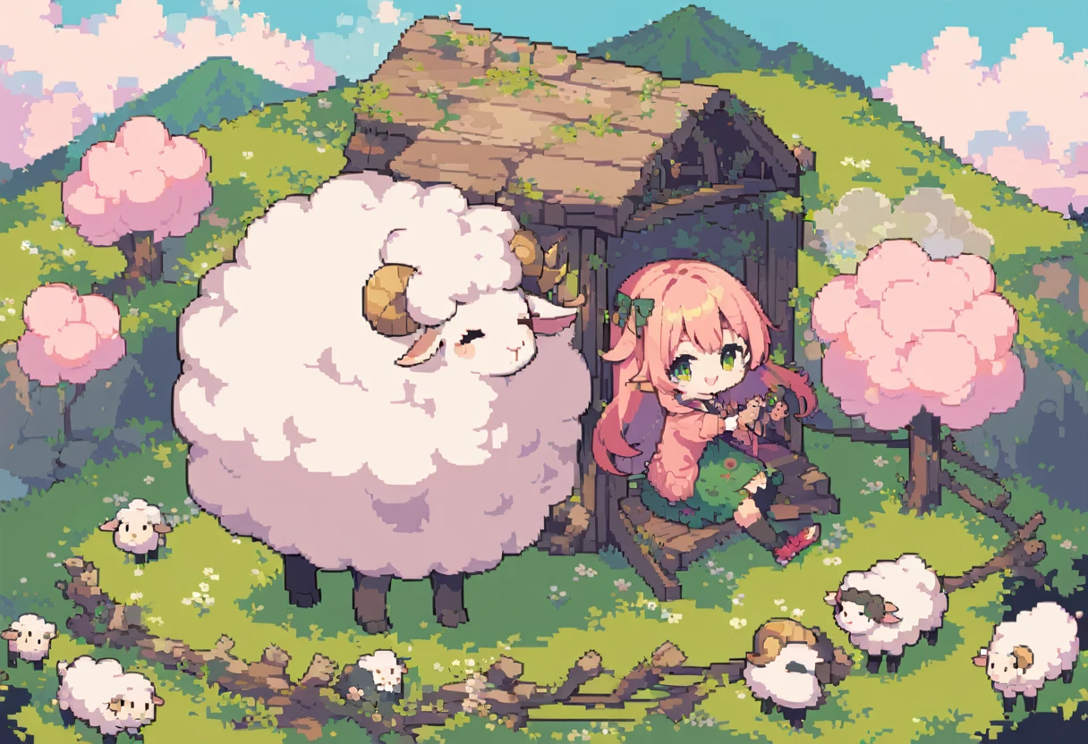 masterpiece, Highest quality, 8k, Pixel art, ((Vivid)), ((young woman)), , smile, cute, Mouth open, (((Fluffy hair:1.5, Cotton candy hair:1.8, Long Hair, sheepの毛のような髪, Mokomo Konoko hair, Pink Hair))), eyebrow, 太いeyebrow, one piece, Pink clothes, Long skirt, The hem widens, cardigan, 水色のcardigan, shoes, 茶色いshoes((もこもこのsheep, sheepの上に女性が乗っている, とても大きなsheepに乗っている正確な造形のsheep, cute顔)), grassland, sheep, 大きいsheep, sheepの群れ, sheepに乗っている,