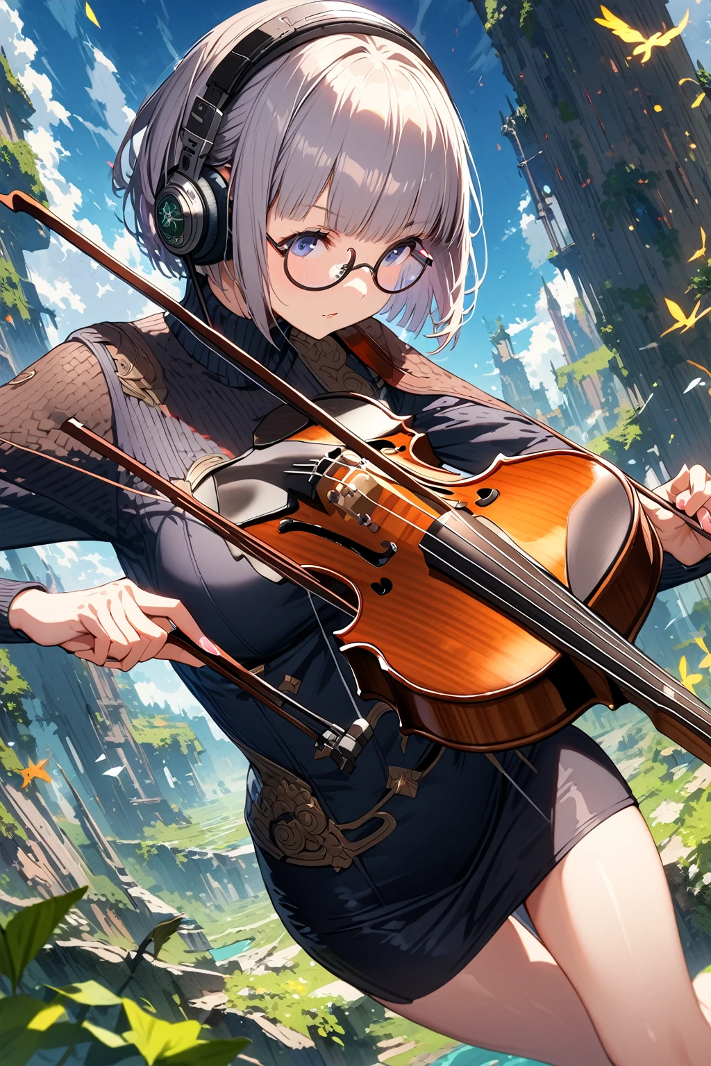 (extremely detailed fine touch:1.3), (((semi-rimless round eyewear:1.3))), (headphone:1.2), short hair, blunt bangs, fantasy, 1girl,Playing a violin, Turtleneck blouse, pencil skirt, 