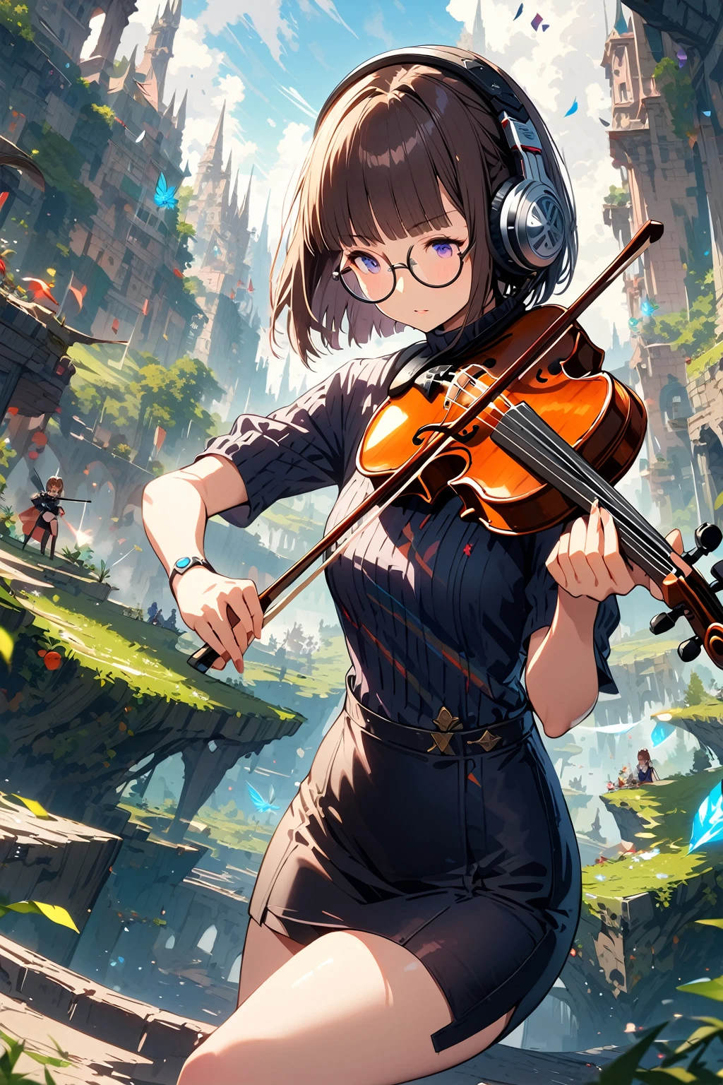 (extremely detailed fine touch:1.3), (((semi-rimless round eyewear:1.3))), (headphone:1.2), short hair, blunt bangs, fantasy, 1girl,Playing a violin, Turtleneck blouse, pencil skirt,