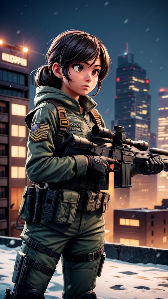 A female sniper member of the FBI unit, on a rooftop wielding the latest sniper rifle, detailed military uniform, focused expression, tense action pose, high-tech rifle, urban cityscape background, dramatic lighting, cinematic composition, gritty and realistic, photorealistic, 8k, hyperdetailed, perfect sharpness, snowy