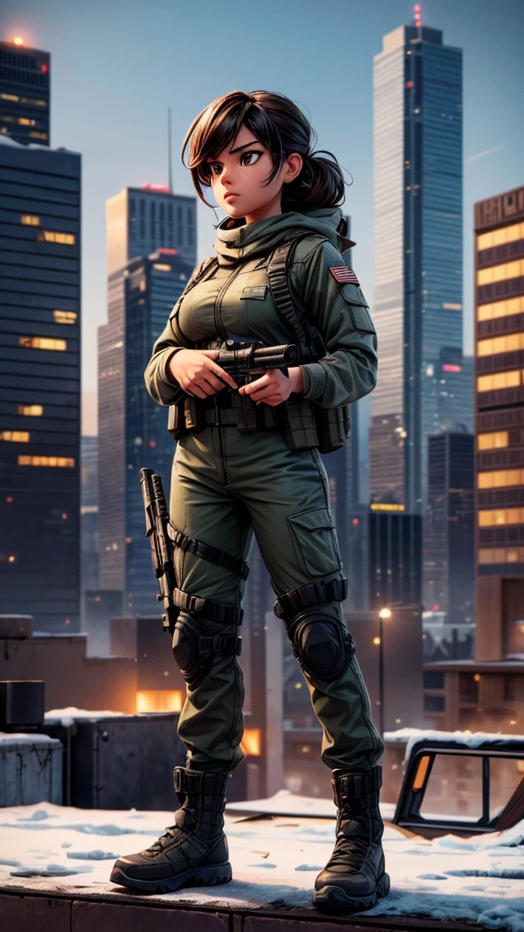A female sniper member of the FBI unit, on a rooftop wielding the latest sniper rifle, detailed military uniform, focused expression, tense action pose, high-tech rifle, urban cityscape background, dramatic lighting, cinematic composition, gritty and realistic, photorealistic, 8k, hyperdetailed, perfect sharpness, snowy