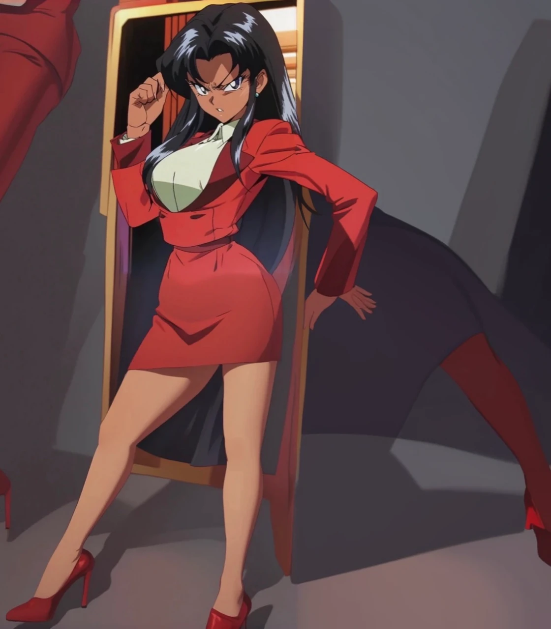 90s anime Evil black skinned business woman in a red suit and  red skirt and red heels and long red sleeves 