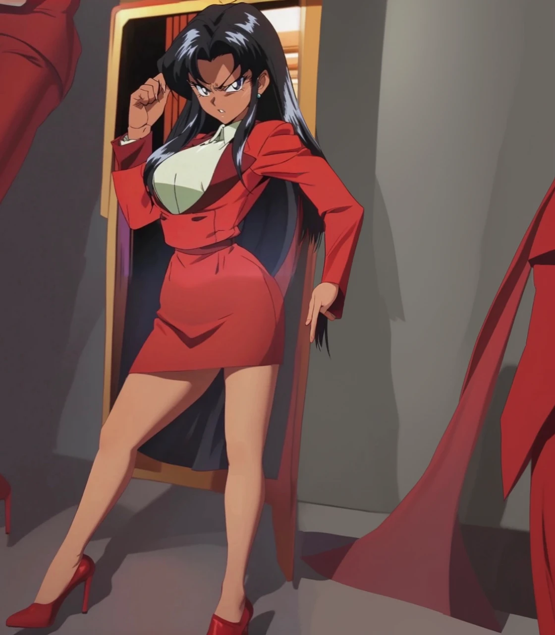 90s anime Evil black skinned business woman in a red suit and red skirt and red heels and long red sleeves