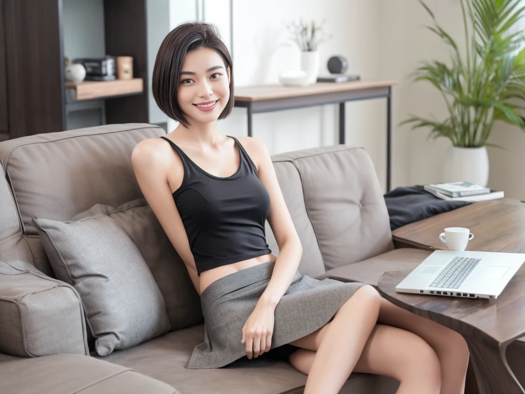 masterpiece, realistic, photorealistic, best quality, beautiful detailed, natural lighting, sharp focus, slim body, abs:1.2, small breasts, best quality real texture skin, Detailed beautiful delicate face and eyes, A beautiful 20-year-old Japanese woman with short hair is sitting on a dining table chair in a modern living room with industrial-style decor, including metal and leather furniture, (((searching the internet on a laptop))), She is wearing a black tank top and a grey mini skirt with stripes, has double eyelids, smiling,  ((looking directly at the camera)), The composition shows her above the knee.