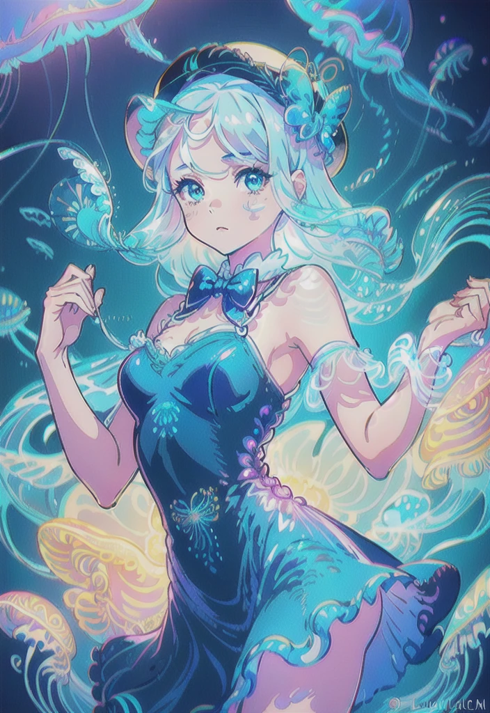 ((masterpiece)),(illustration),(((best quality)),iridescent,
((beautiful detailed girl)),jellyfish_girl,small breast,upper_body,
(delicate cute face),lovestruck,(iridescent eyes),
((floating_hair)),iridescent,(jellyfish_hat),bow,
dark_blue dress,bowties,laces,ribbons,pearl,
(in deep_sea),fishes,(jellyfish),beautiful landscape,