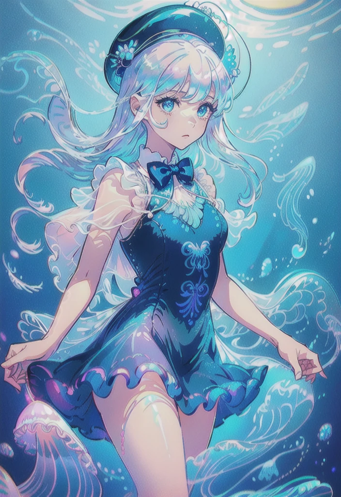 ((masterpiece)),(illustration),(((best quality)),iridescent,
((beautiful detailed girl)),jellyfish_girl,small breast,upper_body,
(delicate cute face),lovestruck,(iridescent eyes),
((floating_hair)),iridescent,(jellyfish_hat),bow,
dark_blue dress,bowties,laces,ribbons,pearl,
(in deep_sea),fishes,(jellyfish),beautiful landscape,