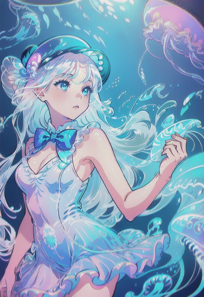 ((masterpiece)),(illustration),(((best quality)),iridescent,
((beautiful detailed girl)),jellyfish_girl,small breast,upper_body,
(delicate cute face),lovestruck,(iridescent eyes),
((floating_hair)),iridescent,(jellyfish_hat),bow,
dark_blue dress,bowties,laces,ribbons,pearl,
(in deep_sea),fishes,(jellyfish),beautiful landscape,