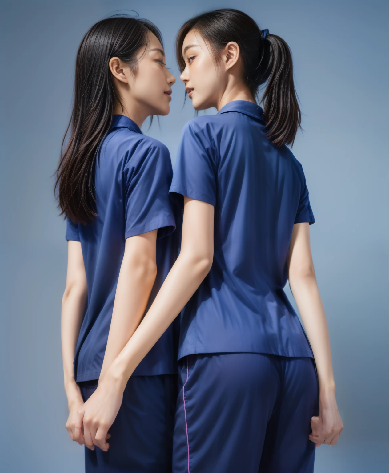 (best quality,10,10,height,Masterpiece:1.2),Special details,(realistic,ภาพrealistic,Realistic photos:1.37),1 Cute girl in the kitchen,shiny, ผิวshiny,only,smile softly,BDclothelue shirt:1.3)),short sleeve,shirt, กางเกงขาlong.,(navy_long_track pants:1.1), ((Kitchen Background)),Dynamic angle,excited,Face focus,dynamic poses,from behind,focus on ass,Masterpiece, best quality, ultra realistic, hyper detail, 8k resolution, raw photos, Sharp focus, ((Navy blue shirt:1.1)), short sleeve, เส้นทางlong, perfect body, 2 mature women, 18 years old, Cinema-grade lighting system,blue sweatpants,shirtผ้าออกกำลังกาย,correct anatomy,perfect body, correct body, Sharp face, correct bodyทางกายวิภาค, full body, realistic gestures, long-haired, realistic poses,Wear long shorts...........................,ช่วงขาlong,Good shape,carved girl, Slender figure, model, Good shape, beautiful body,blue sweatpants, two girls kissing