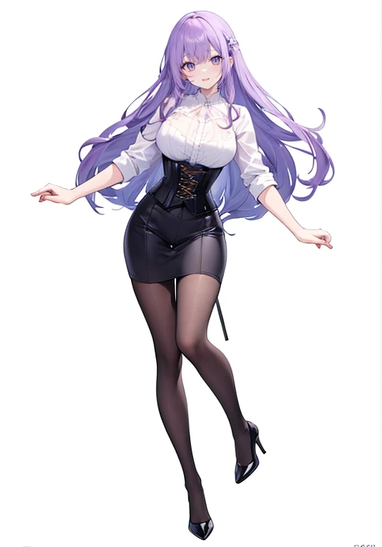 purple,long hair,woman,(corset),Shirt with rolled up sleeves,((Roll up your sleeves)),high heels,,simple White background,smile,whole body,full body,full body,Standing picture,vtuber,upright,,Standing upright with face and body facing forward,