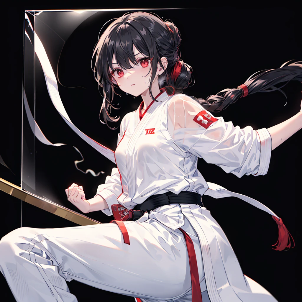 ((((Karate Black belt、Kick Crack the glass)))) (((White Doshi White trousers、Sweat Bright red eyes Black Hair Long Hair Tie your hair back))) ((Black background Front close-up)) Shining Edge Shining Background