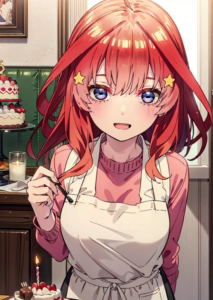 itsukinakano, Itsuki Nakano, bangs, blue eyes, Hair between the eyes, Ahoge, Redhead, star \(symbol\), hair ornaments,happy smile, smile, Open your mouth,cracker, star hair ornaments,Red Tank Top,Long skirt,Black pantyhose,apron,Walking,There is food and a birthday cake on the table,whole bodyがイラストに入るように,
break indoors, room,
break looking at viewer,whole body,
break (masterpiece:1.2), Highest quality, High resolution, unity 8k wallpaper, (figure:0.8), (Beautiful attention to detail:1.6), Highly detailed face, Perfect lighting, Highly detailed CG, (Perfect hands, Perfect Anatomy),