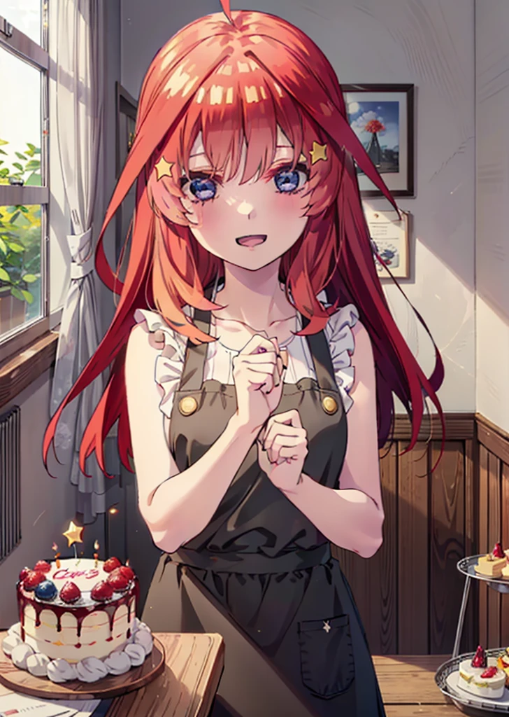 itsukinakano, Itsuki Nakano, bangs, blue eyes, Hair between the eyes, Ahoge, Redhead, star \(symbol\), hair ornaments,happy smile, smile, Open your mouth,cracker, star hair ornaments,Red Tank Top,Long skirt,Black pantyhose,apron,Walking,There is food and a birthday cake on the table,whole bodyがイラストに入るように,
break indoors, room,
break looking at viewer,whole body,
break (masterpiece:1.2), Highest quality, High resolution, unity 8k wallpaper, (figure:0.8), (Beautiful attention to detail:1.6), Highly detailed face, Perfect lighting, Highly detailed CG, (Perfect hands, Perfect Anatomy),