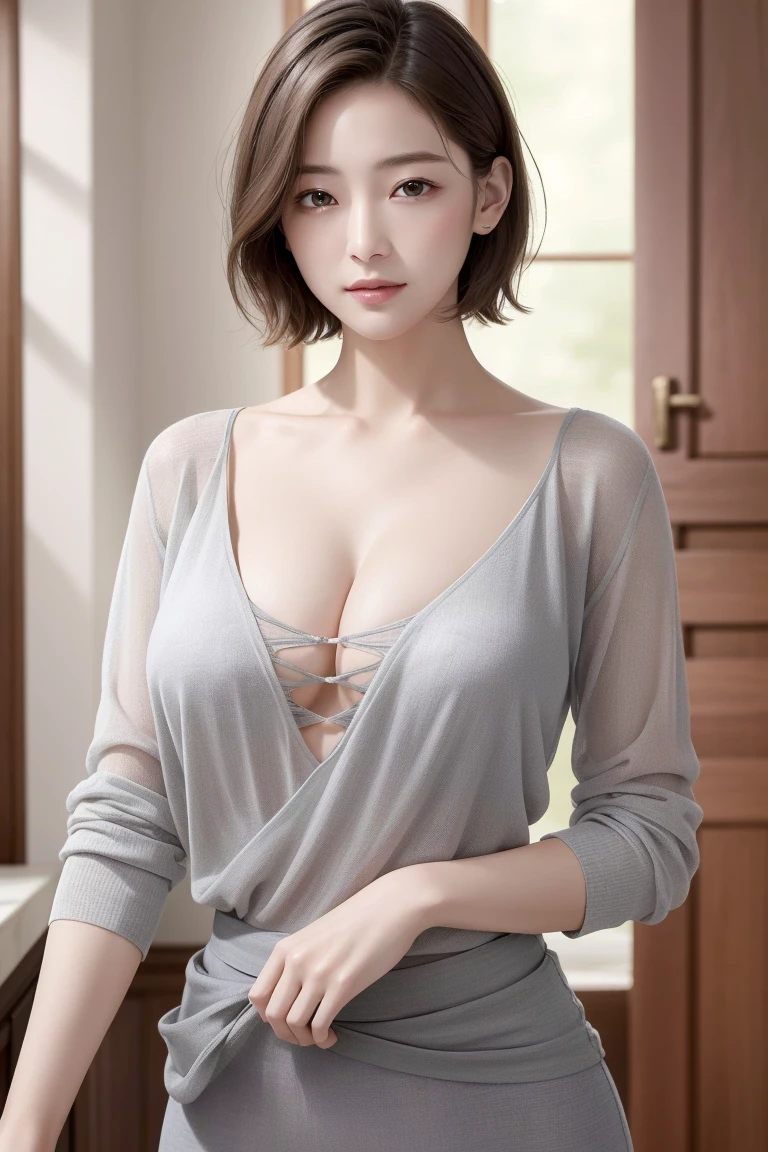 ((masterpiece))、((Highest quality))、photograph、reality、High resolution、Very detailed、Married women、30th generation、Delicate features、short hair、Realistic background and accessories、Big and ample breasts、face of humiliation、A tight grey blouse that accentuates her soft breasts、Tight knit skirt、Tied up and down the chest with a rope。

