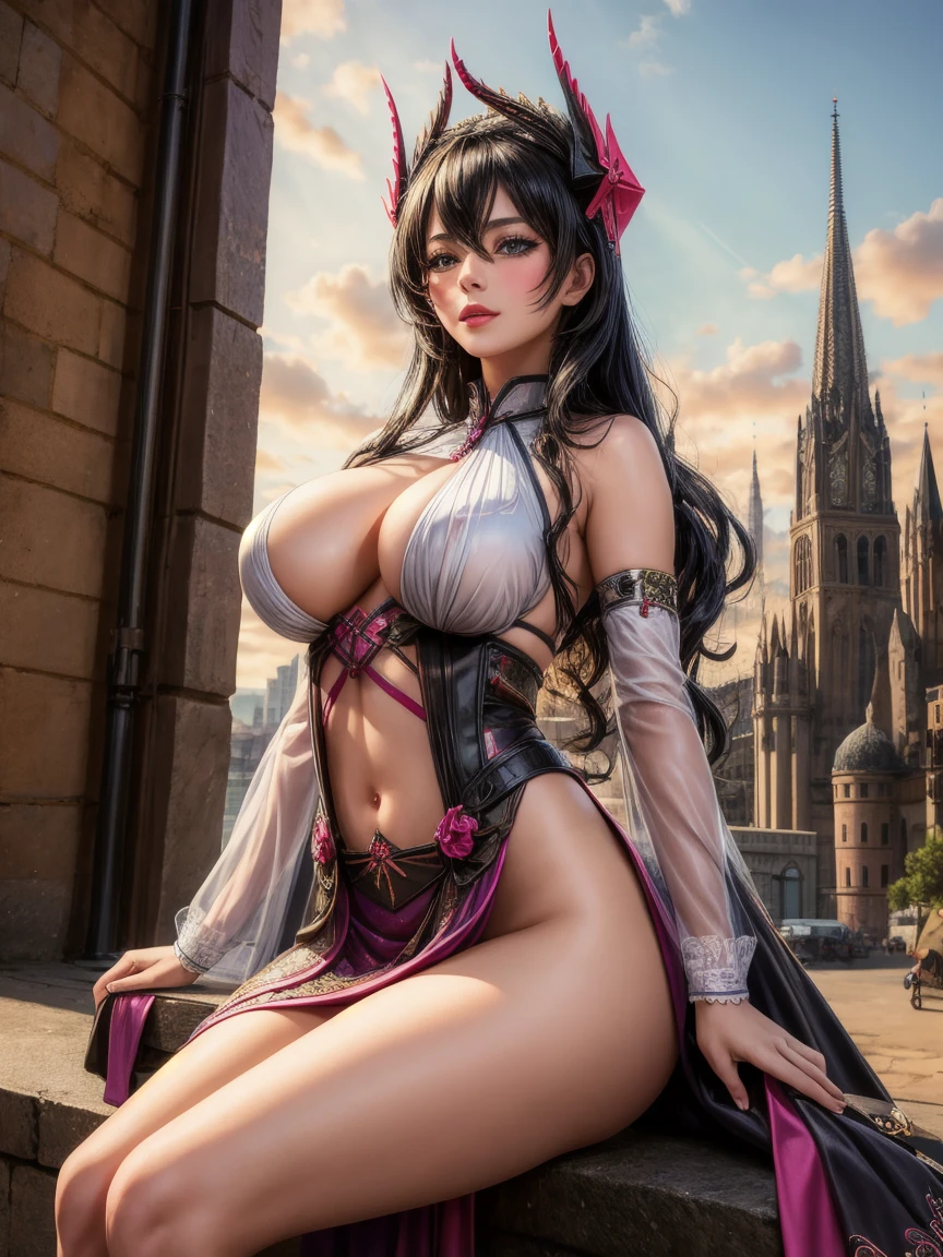 (​masterpiece, best quality:1.2), Intricate detailing, 35 years, pretty face, Harran, 1 girl, Harran Clothing, Harran Head gear, contrasting sleeves, hat, black Hair, sexy body, city in the background, (mature woman:1.2), ((big boobs:0.6))