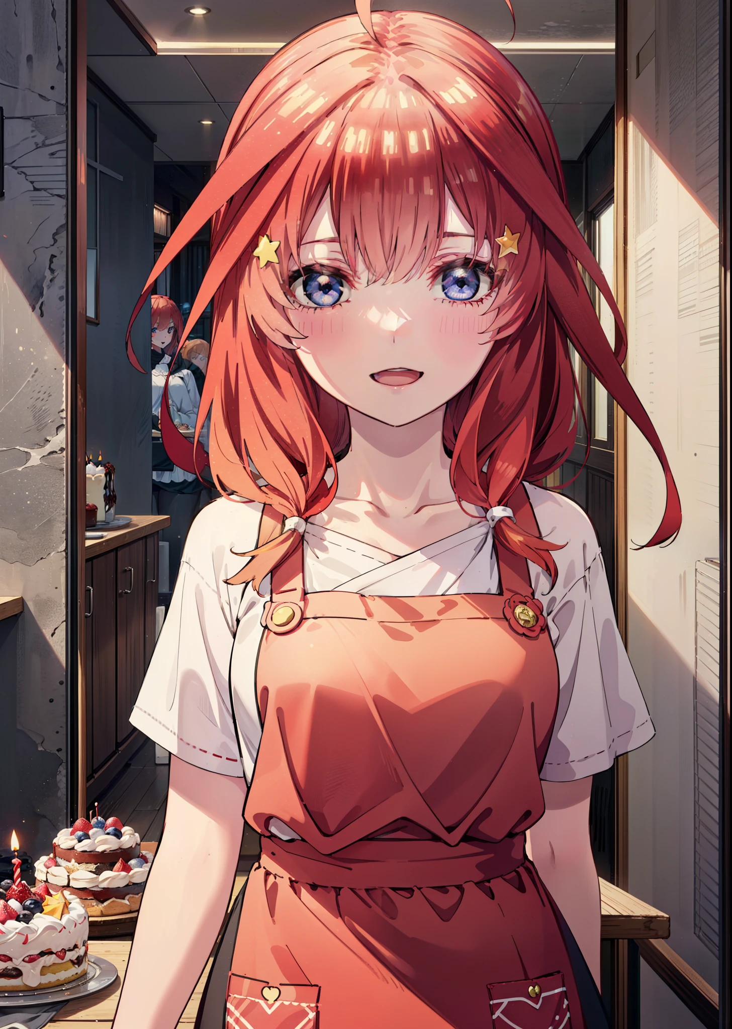 itsukinakano, Itsuki Nakano, bangs, blue eyes, Hair between the eyes, Ahoge, Redhead, star \(symbol\), hair ornaments,happy smile, smile, Open your mouth,cracker, star hair ornaments,Red Tank Top,Long skirt,Black pantyhose,apron,Walking,There is food and a birthday cake on the table,
break indoors, room,
break looking at viewer,Upper Body,
break (masterpiece:1.2), Highest quality, High resolution, unity 8k wallpaper, (figure:0.8), (Beautiful attention to detail:1.6), Highly detailed face, Perfect lighting, Highly detailed CG, (Perfect hands, Perfect Anatomy),