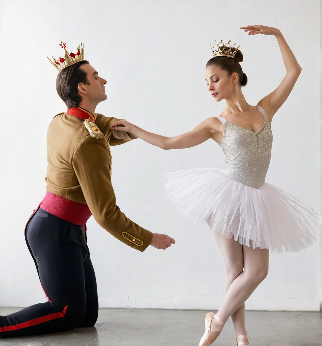 A ballerina saluting a man, She has her head down and holding her skirt (She is white with straight brown hair and a bun) the man has a crown on his head, prince's white clothes and his back is to the painting, In his right hand he has a sword that he holds high and in his hand there is a hole in the center. Between him and the girl there are dead monsters on the floor. They are in a field with green grass and mountains in the background.